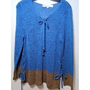 Curio New York Women's Large Knit Blue Brown Metallic Lace-Up Shimmer